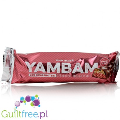 YamBam 33% High Protein Strawberry Vanilla Peanut protein bar with milk chocolate coating - A high protein milkshake with milk c