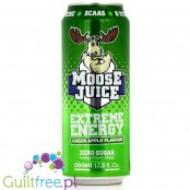 Muscle Moose Moose Juice, green apple flavor carbonated energy drink with BCAA and B vitamins with sweeteners