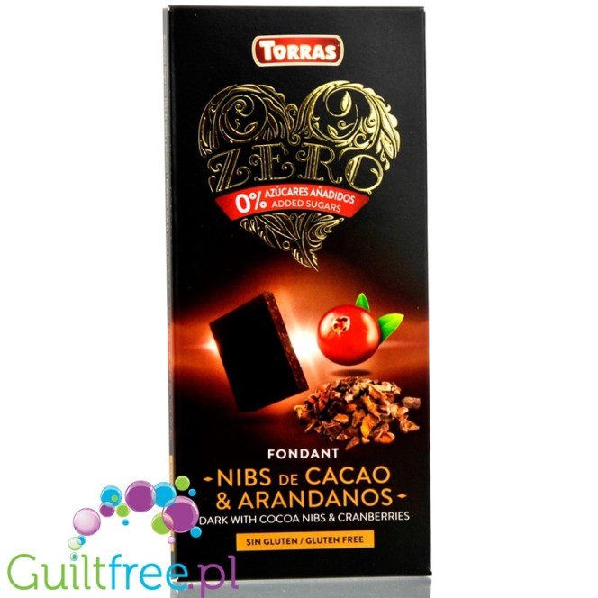 Torras Zero sugar free dark chocolate with cocoa nibs and cranberries