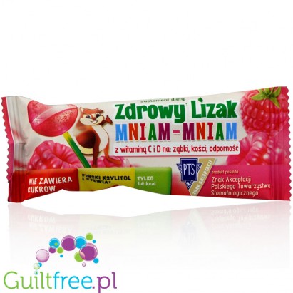 Healthy lollipop Mniam sweetened with xylitol and stevia with dried raspberries