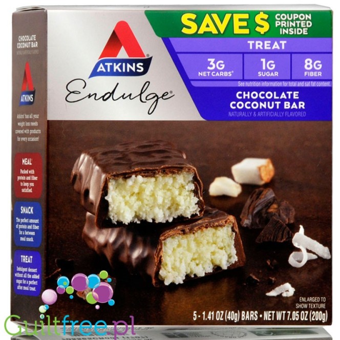 Atkins Endulge Chocolate Coconut PUDEŁKO - baton kokosowy w czekoladzie, niskie IG, 3g węglowodanów