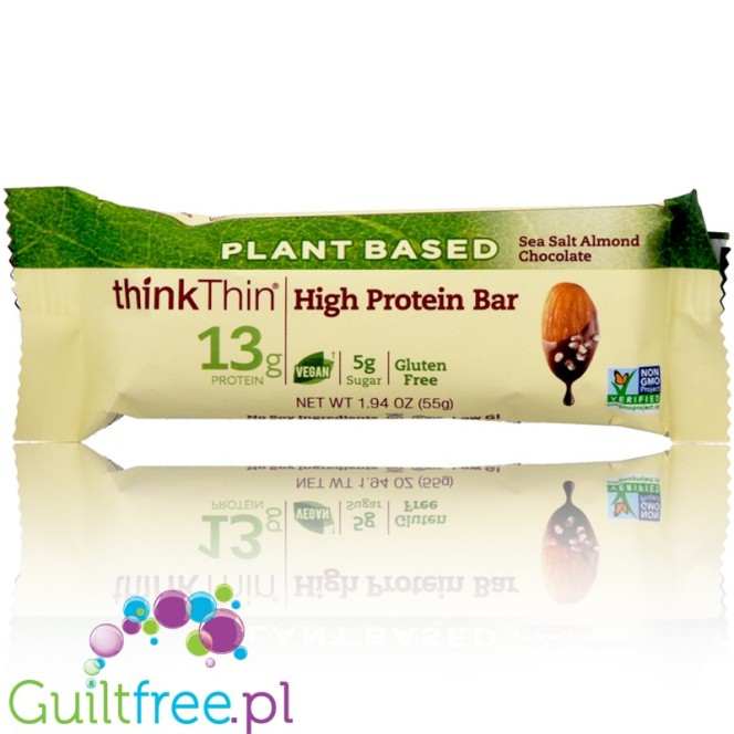 ThinkThin High Protein Bar, Plant Based, Sea Salt Almond Chocolate