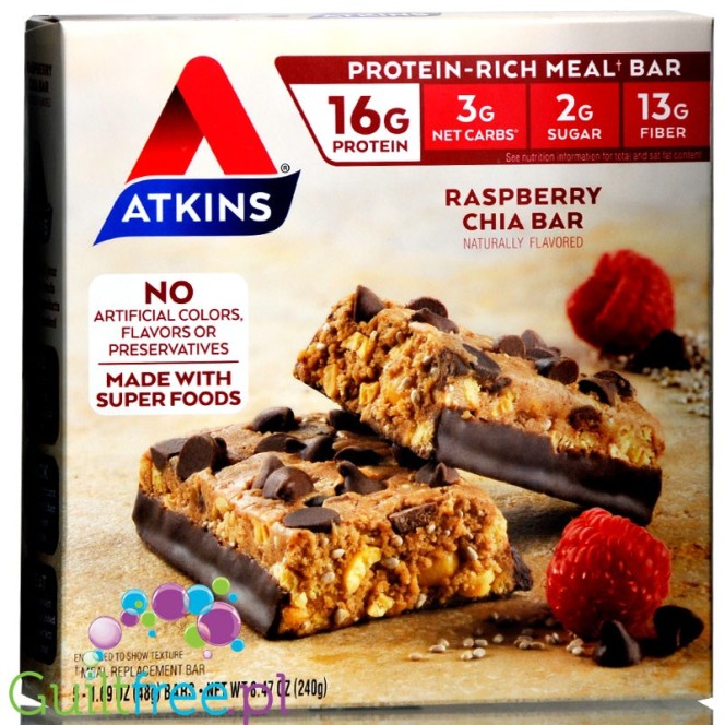 Atkins Meal Raspberry Chia PUDEŁKO 5 batonów (Maliny, Chia & Czekolada)