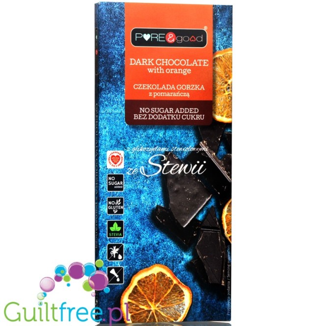 Pure & Good sugar free dark chocolate with orange pieces sweetened only with stevia and erythritol