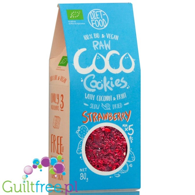 Diet Food Raw Coco, Truskawka - bio ciasteczka kokosowe z niskim indeksem glikiemicznym