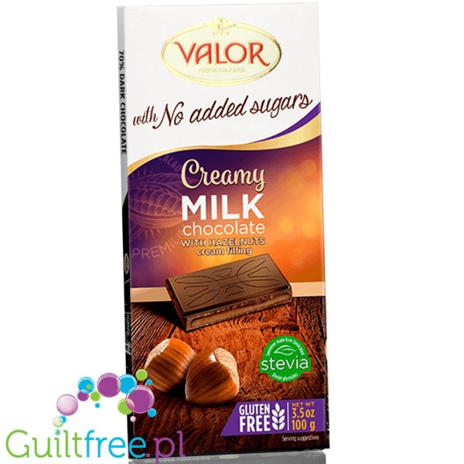Valor no added sugar milk chcolate with hazelnuts, sweetened with stevia