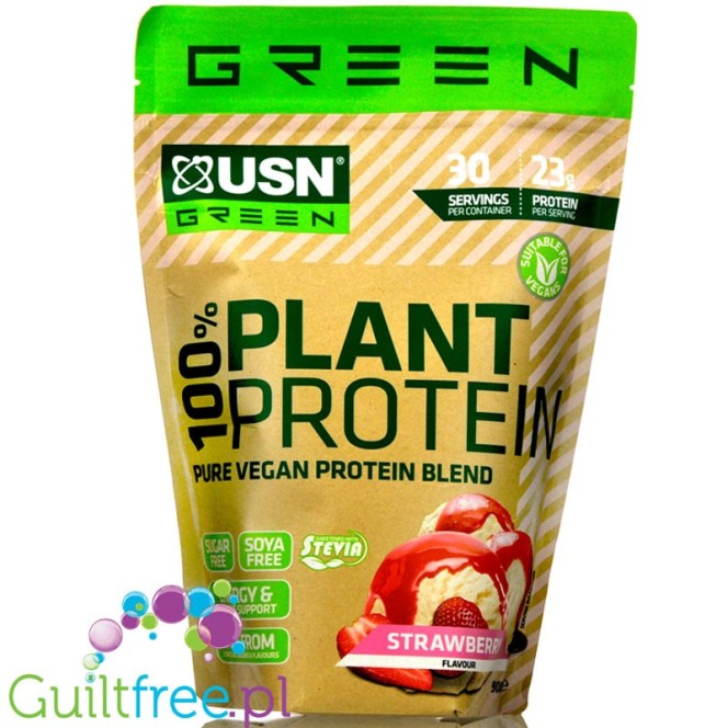 USN Vegan Plant Protein Strawberry 0,9kg - wegańska odżywka białkowa bez soi, ze stewią