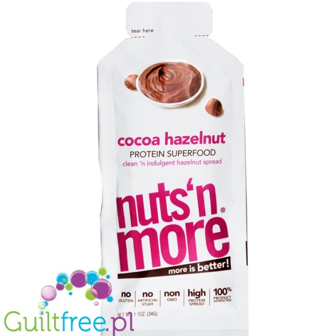 Nuts 'N More Hazelnut Cocoa - masło laskowe z WPI z ksylitolem, tubka squeeze pack