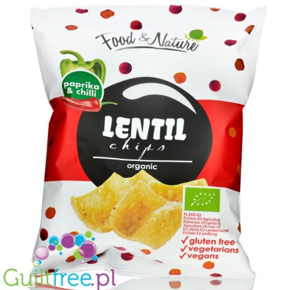 Lentil Chips Paprika & Chilli bezglutenowe organiczne chipsy z soczewicy 40% mniej tłuszczu