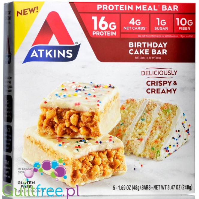 Atkins Meal Birthday Cake protein bar without maltitol, box of 5 bars