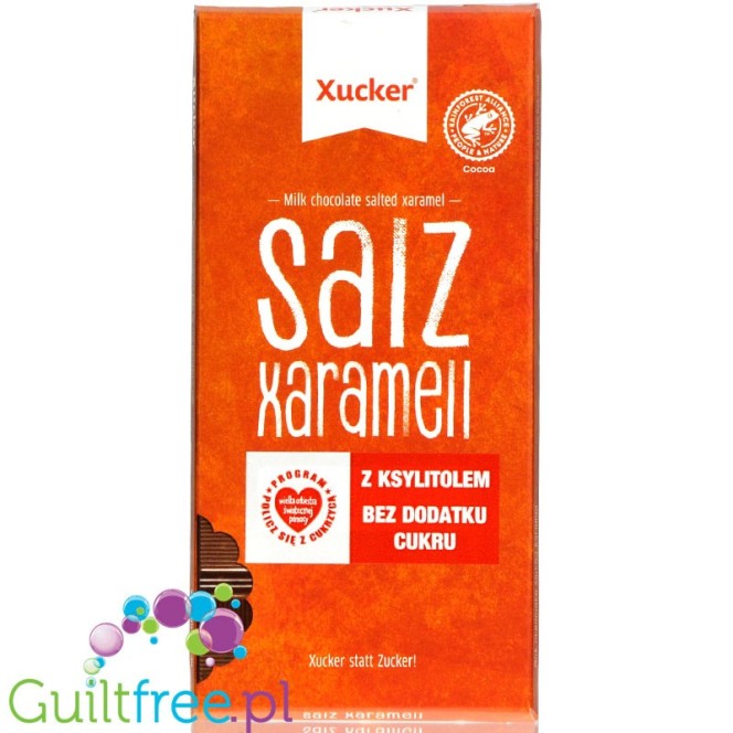 Xucker Milk Chocolate Salted Caramel without sugar added with salted caramel slices