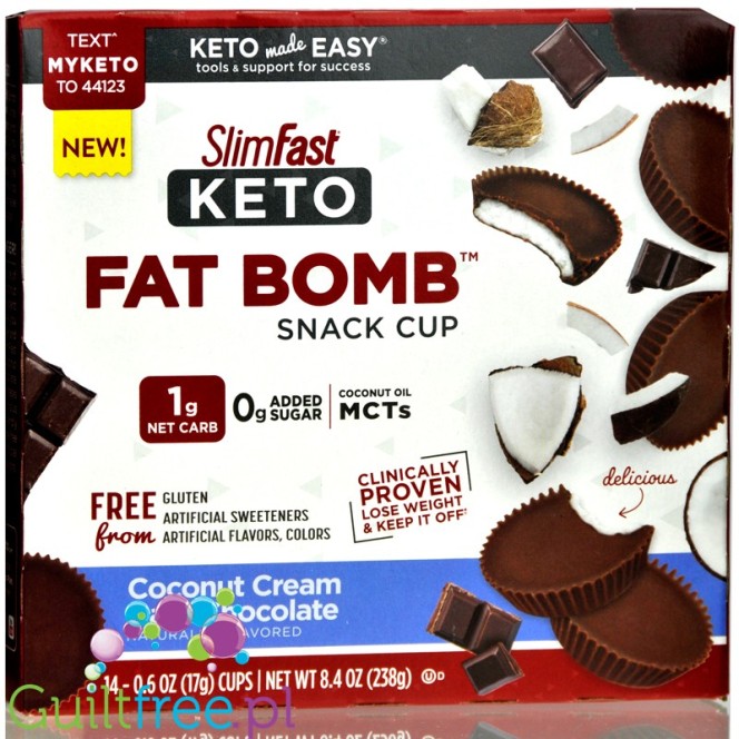SlimFast Keto Fat Bomb Coconut Cream Dark Chocolate - keto miseczki z MCT i stewią,14 szt
