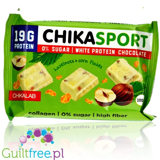 ChikaLab ChikaSport White Chocolate & Hazelnut - biała czekolada proteinowa bez cukru z orzechami laskowymi i chrupkami