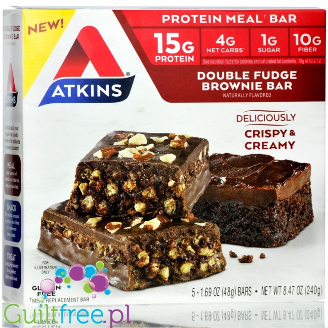 Atkins Meal Double Fudge Brownie protein bar without maltitol, box of 5 bars