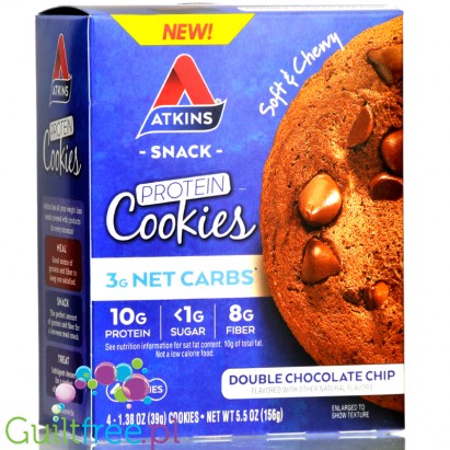 Atkins Snack Protein Cookie, Double Chocolate Chip - niskowęglowodanowe ciastka proteinowe, pudełko x 4szt