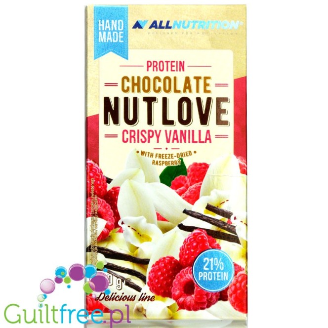 AllNutrition Protein Chocolate NutLove Crispy Vanilla Raspberry - biała czekolada białkowa z malinami, bez cukru