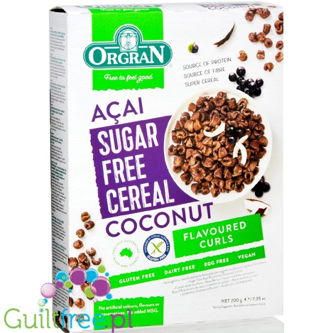 Orgran Sugar Free Açaí & Coconut Cereal - wegańskie bezglutenowe płatki śniadaniowe bez cukru z ksylitolem