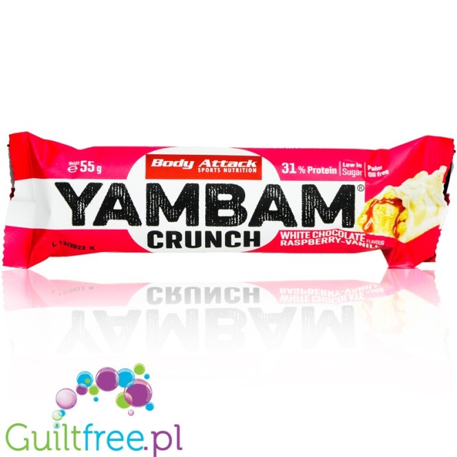 YamBam Crunch White Chocolate Raspberry-Vanilla - protein bar 31% protein, White Chocolate, Raspberries & Vanilla