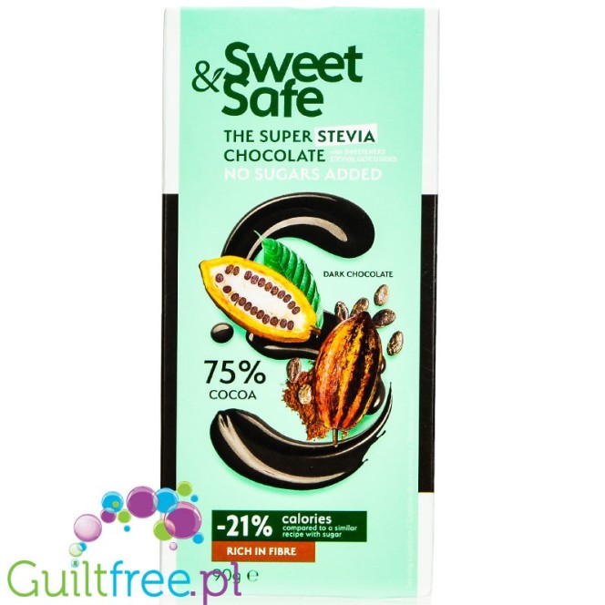 Sweet & Safe Super Stevia Dark Chocolate - ciemna czekolada bez cukru ze stewią 75% kakao