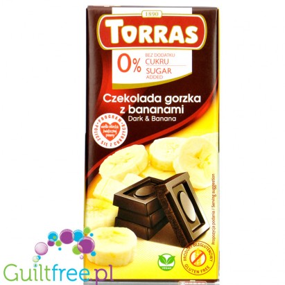 Torras Dark chocolate without added sugar, with pieces of banana, sweetened with maltitol