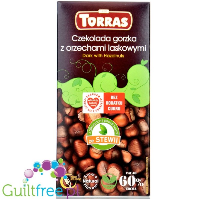 Torras Dark & Hazelnuts Stevia - ciemna czekolada z orzechami laskowymi, bez cukru