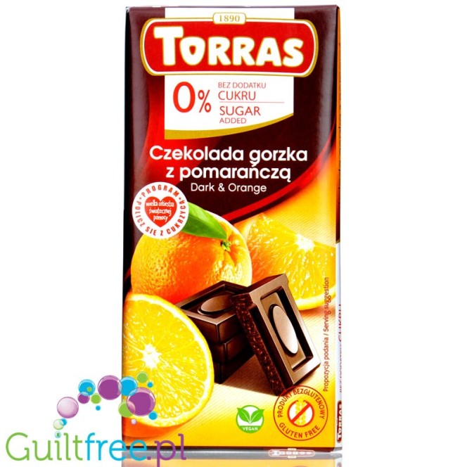 Torras Dark chocolate without added sugar, with pieces of orange, sweetened with maltitol