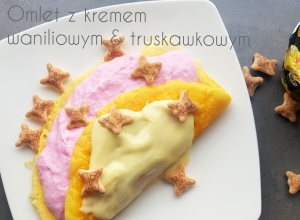 Omlet proteinowy z musem truskawkowym i waniliowym puddingiem białkowym Milsani