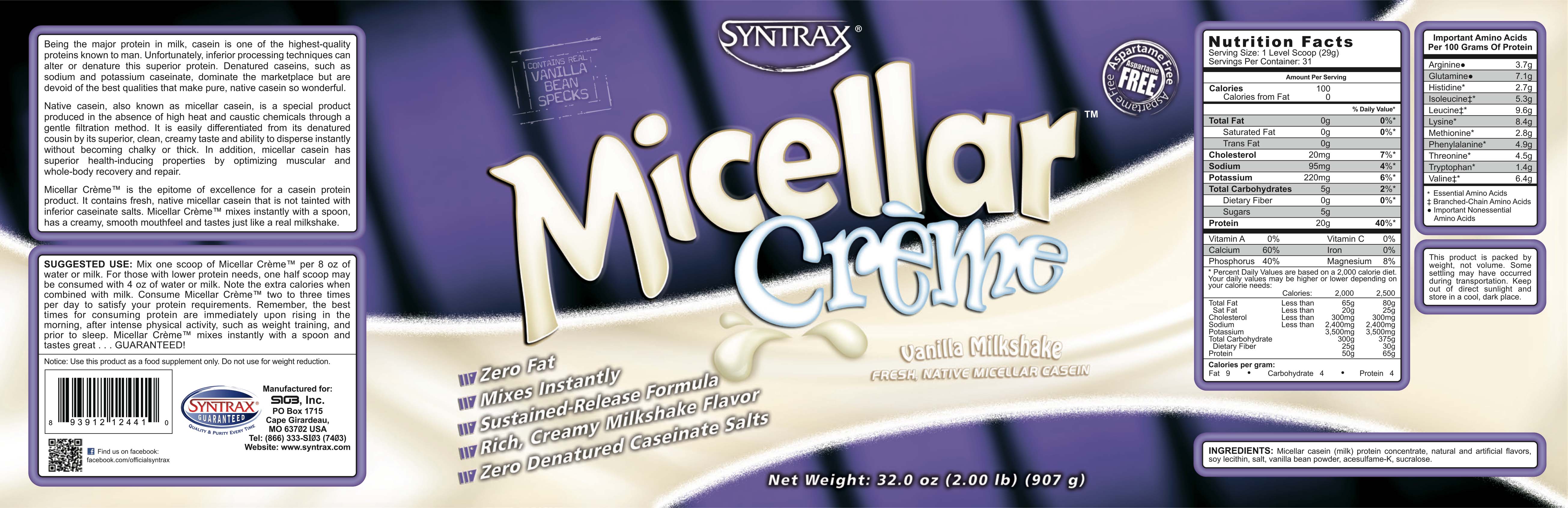 Syntrax Micellar Creme Vanilla - waniliowa kazeina 100%